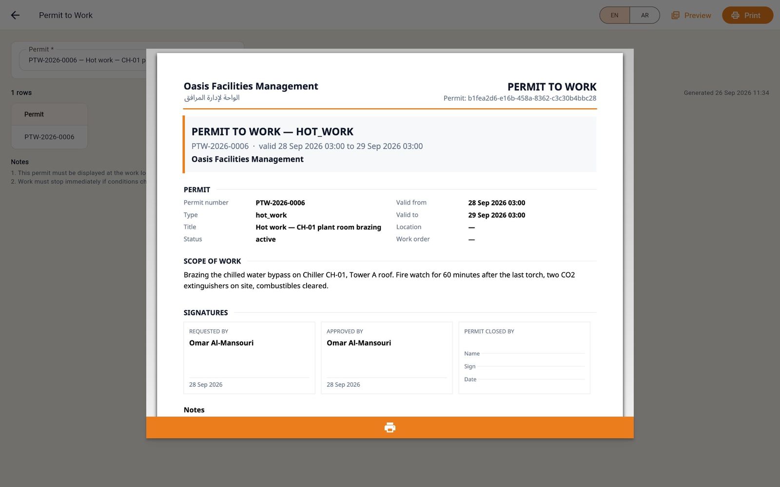 The printed permit to work for PTW-2026-0006 with the scope of work and signature blocks.