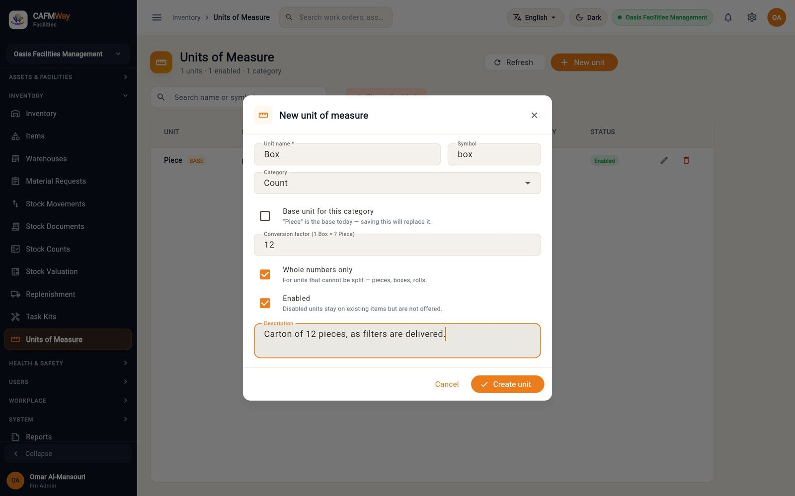 The new-unit form for a box of 12 pieces