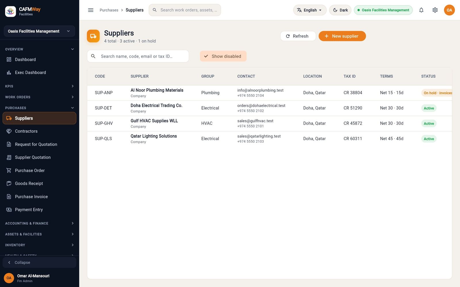 The suppliers list with three active suppliers and one on hold