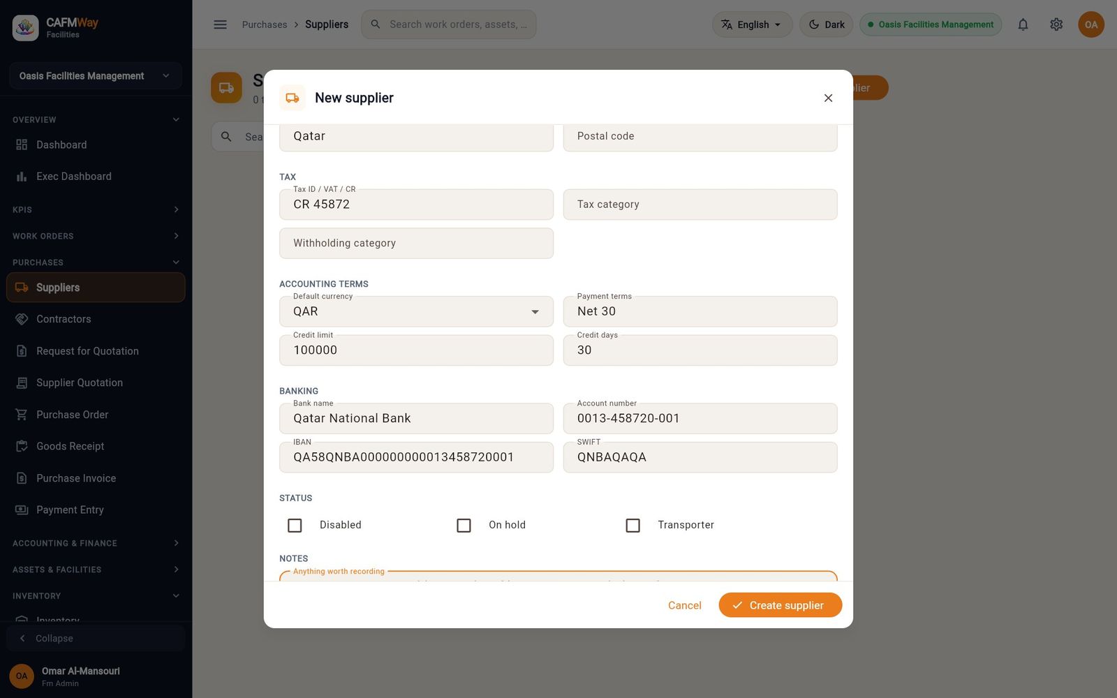The supplier form for Gulf HVAC Supplies WLL, scrolled to the tax, terms and banking sections