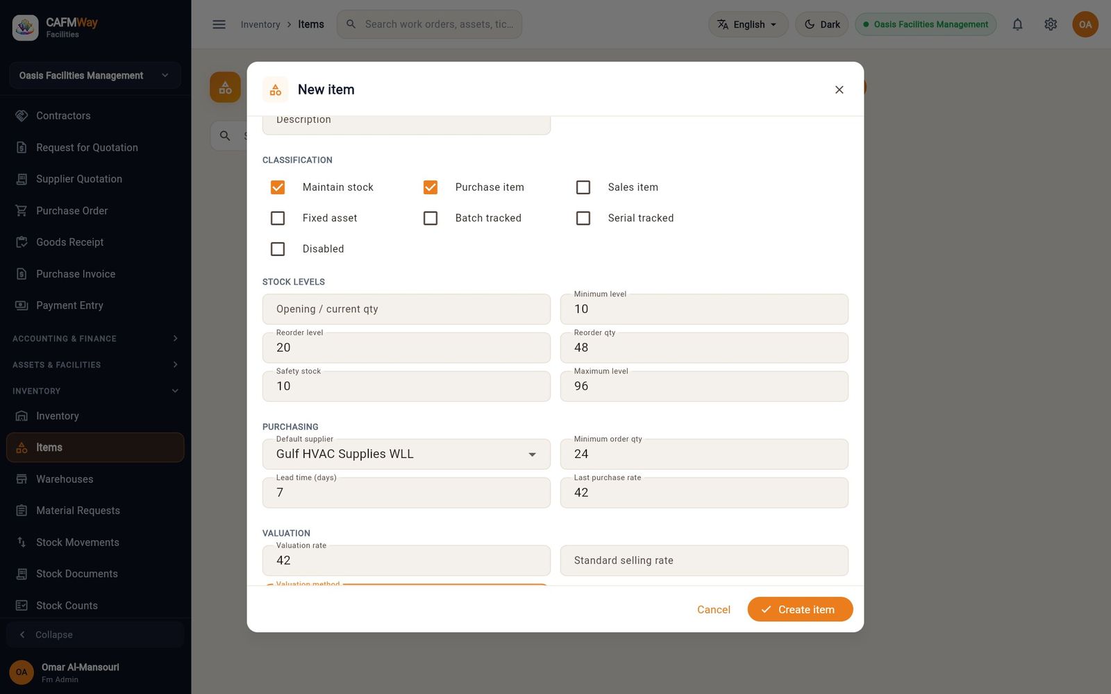 The item form for the G4 panel filter: stock levels, default supplier and valuation rate