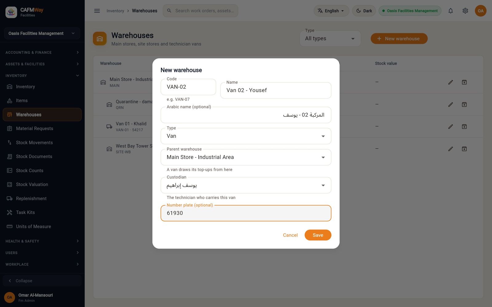 The new-warehouse form for Van 02, with custodian and number plate