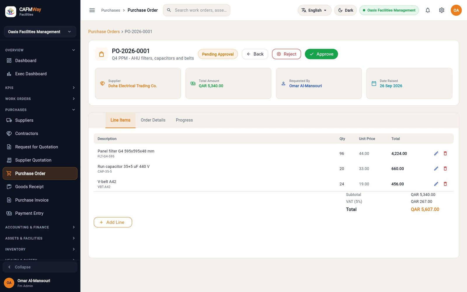 PO-2026-0001 from Doha Electrical, raised from quotation SQ-2026-0002, pending approval