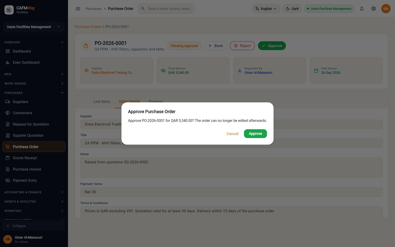 Confirming approval of PO-2026-0001 for QAR 5,340.00