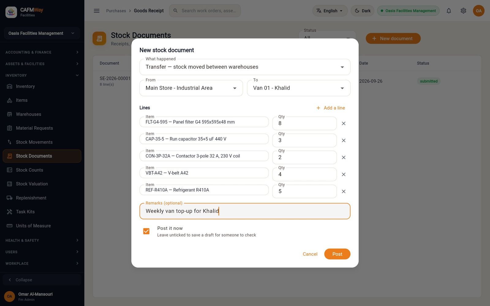 The weekly top-up of Van 01 from the main store