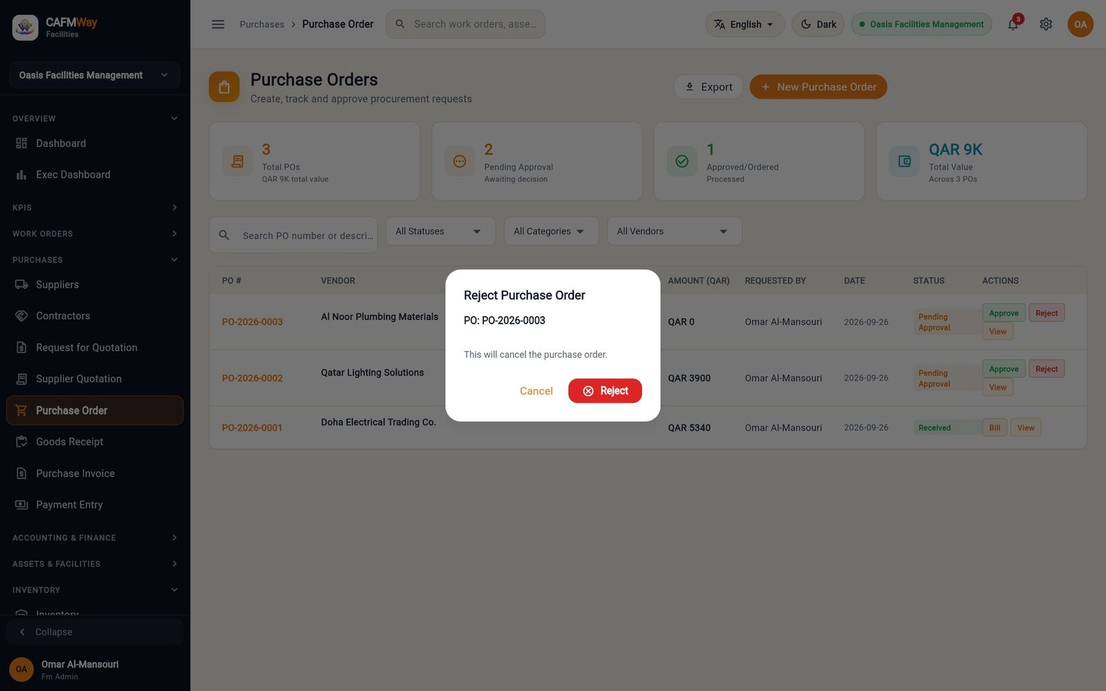 Rejecting a purchase order cancels it