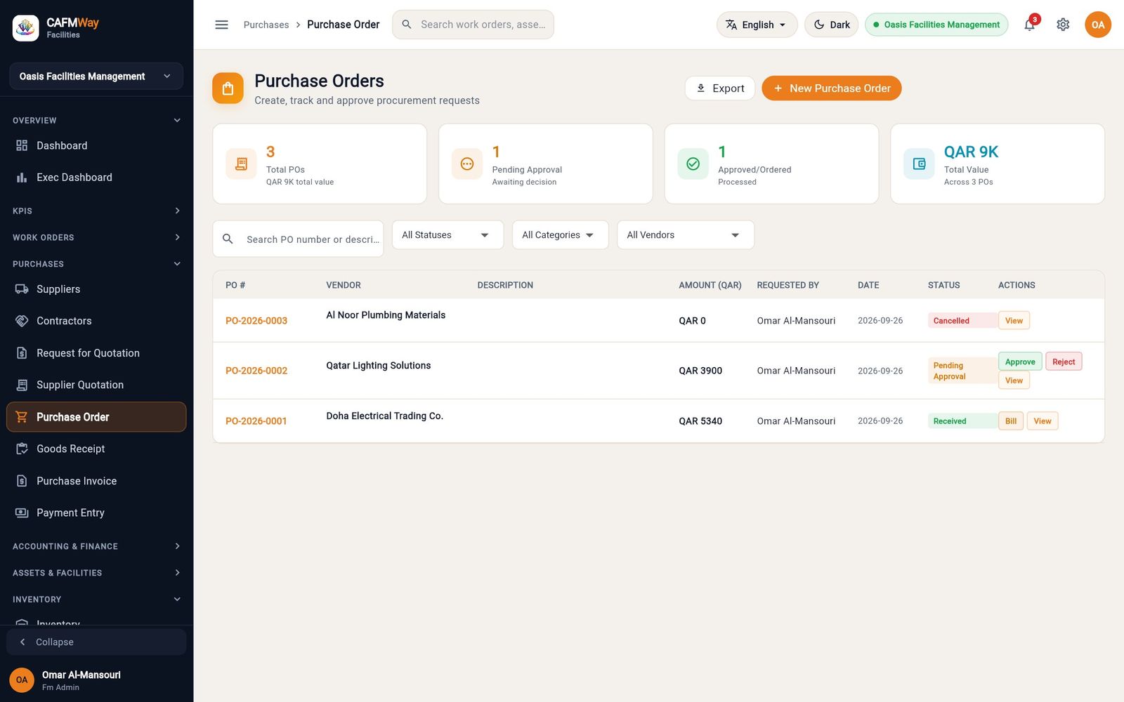 Purchase orders: one received, one pending approval, one cancelled