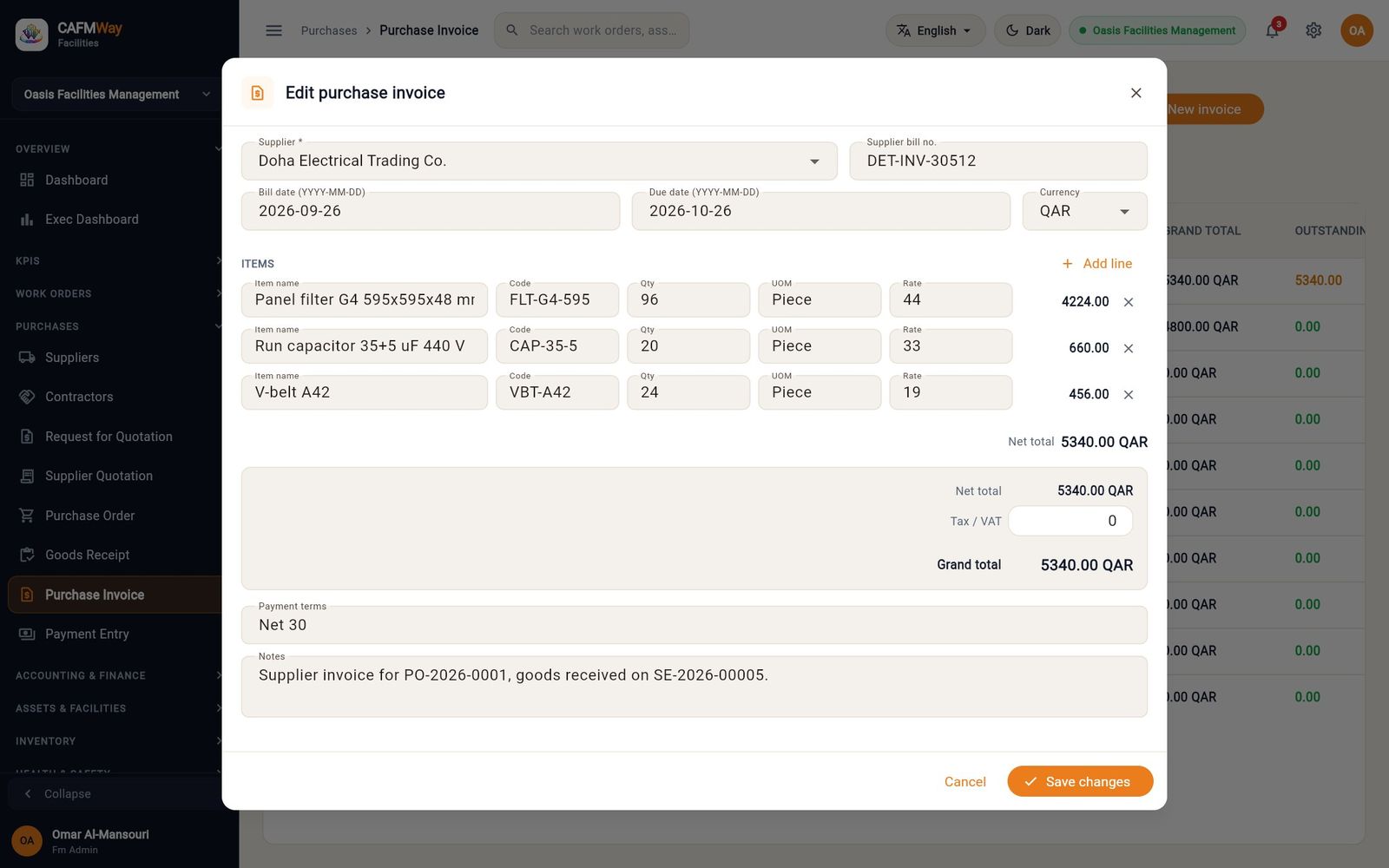 The purchase invoice from Doha Electrical with bill number DET-INV-30512