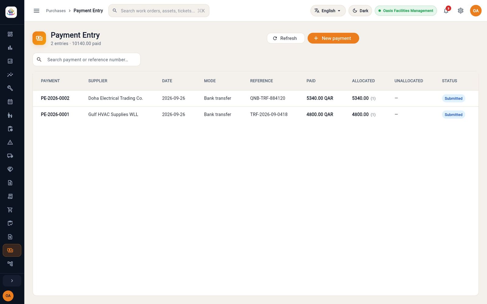 Payment entries: two submitted bank transfers