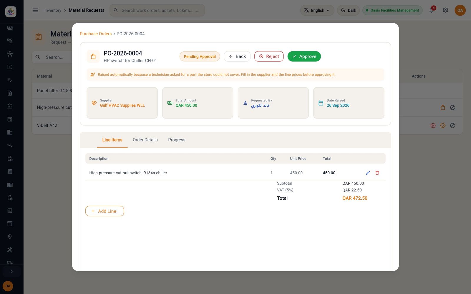 The purchase order raised automatically for a high-pressure switch, with supplier and price filled in