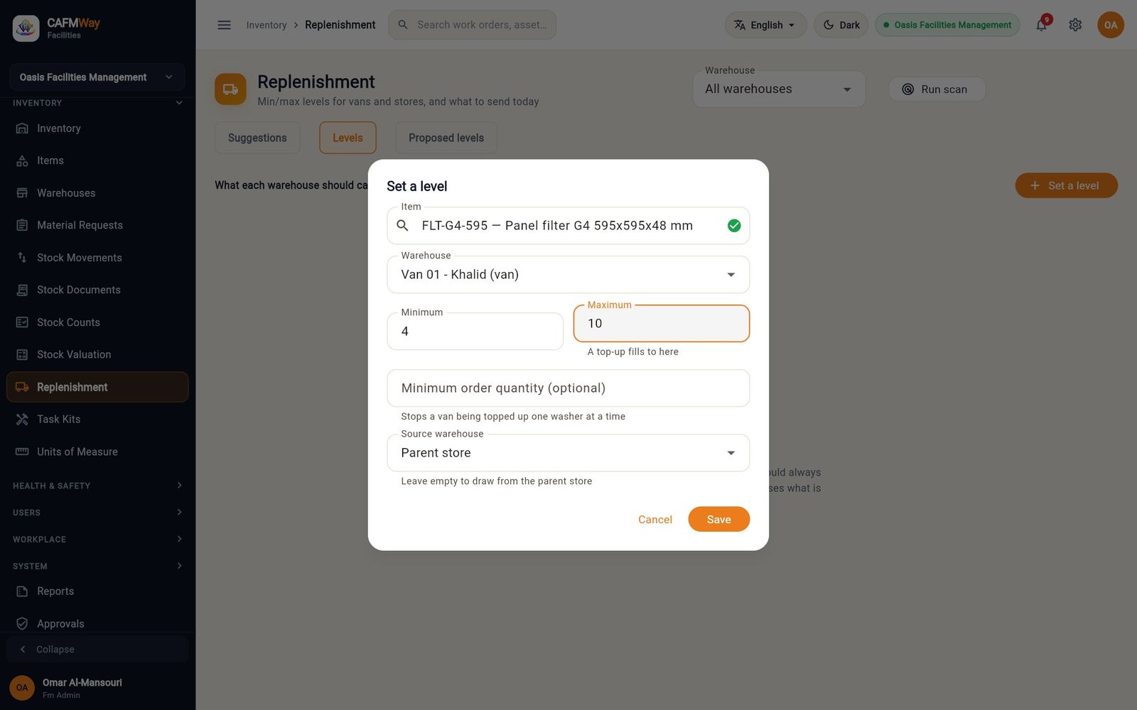 Setting filter levels for Van 01: minimum 4, maximum 10
