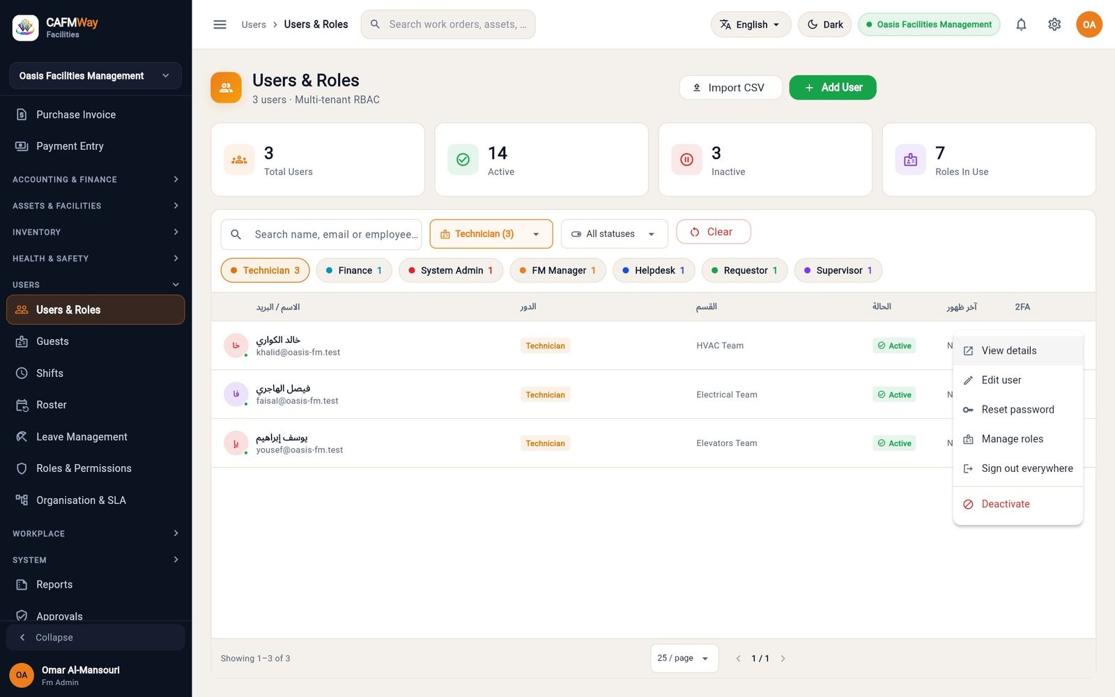 The actions menu of a user