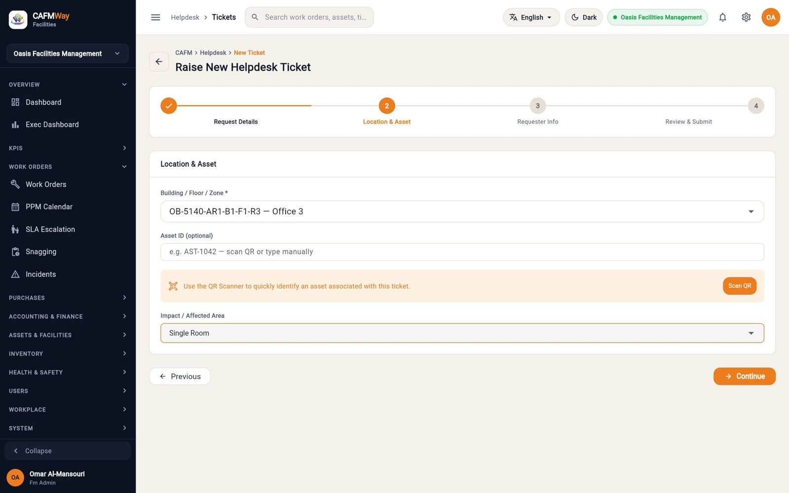 Step 2 with Office 3 on Tower A Floor 1 selected and the impact set to a single room.