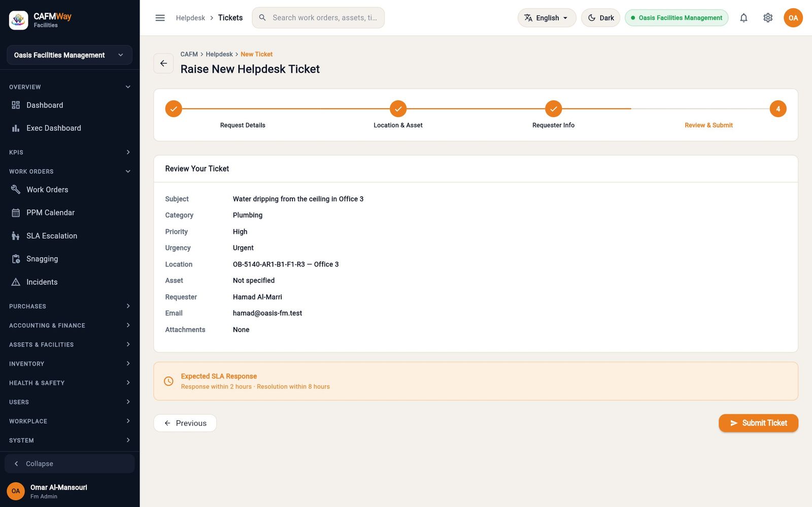 The review step with the expected SLA response for a High priority ticket.