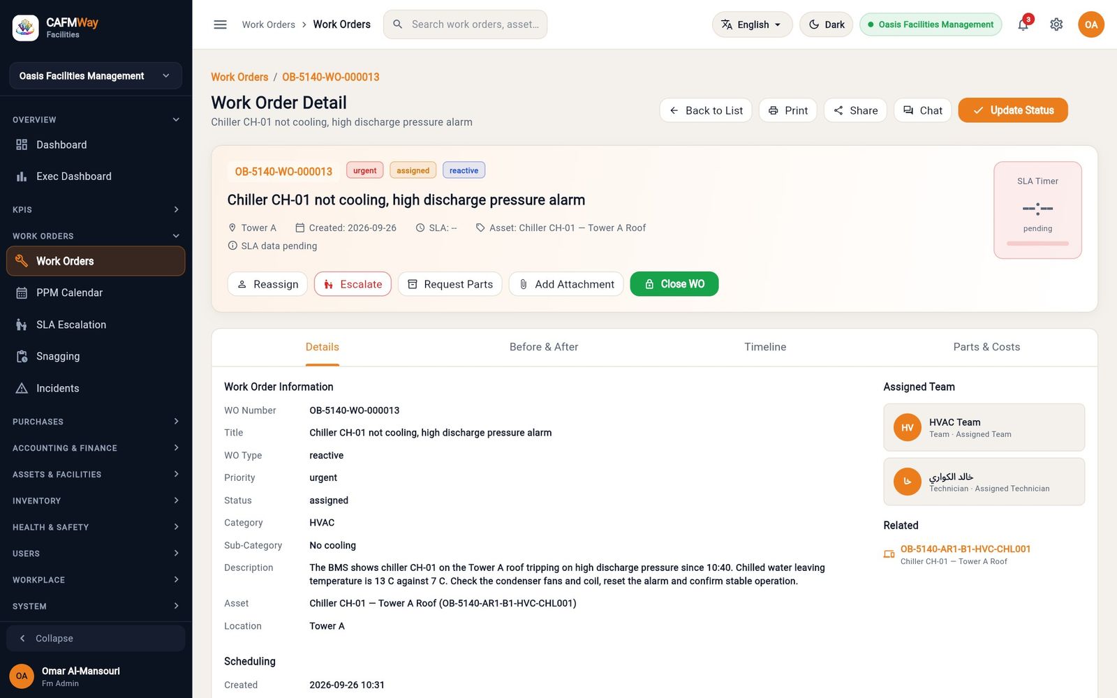 The detail page of the chiller job, with the action buttons and the Details tab.