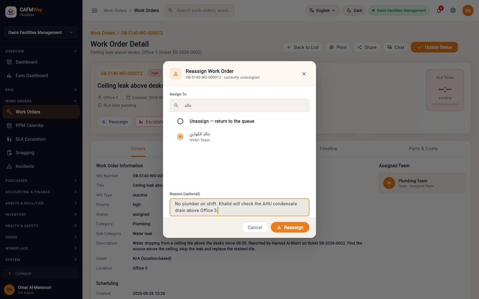 The Reassign Work Order dialog, moving the Office 3 leak to Khalid because no plumber is on shift.