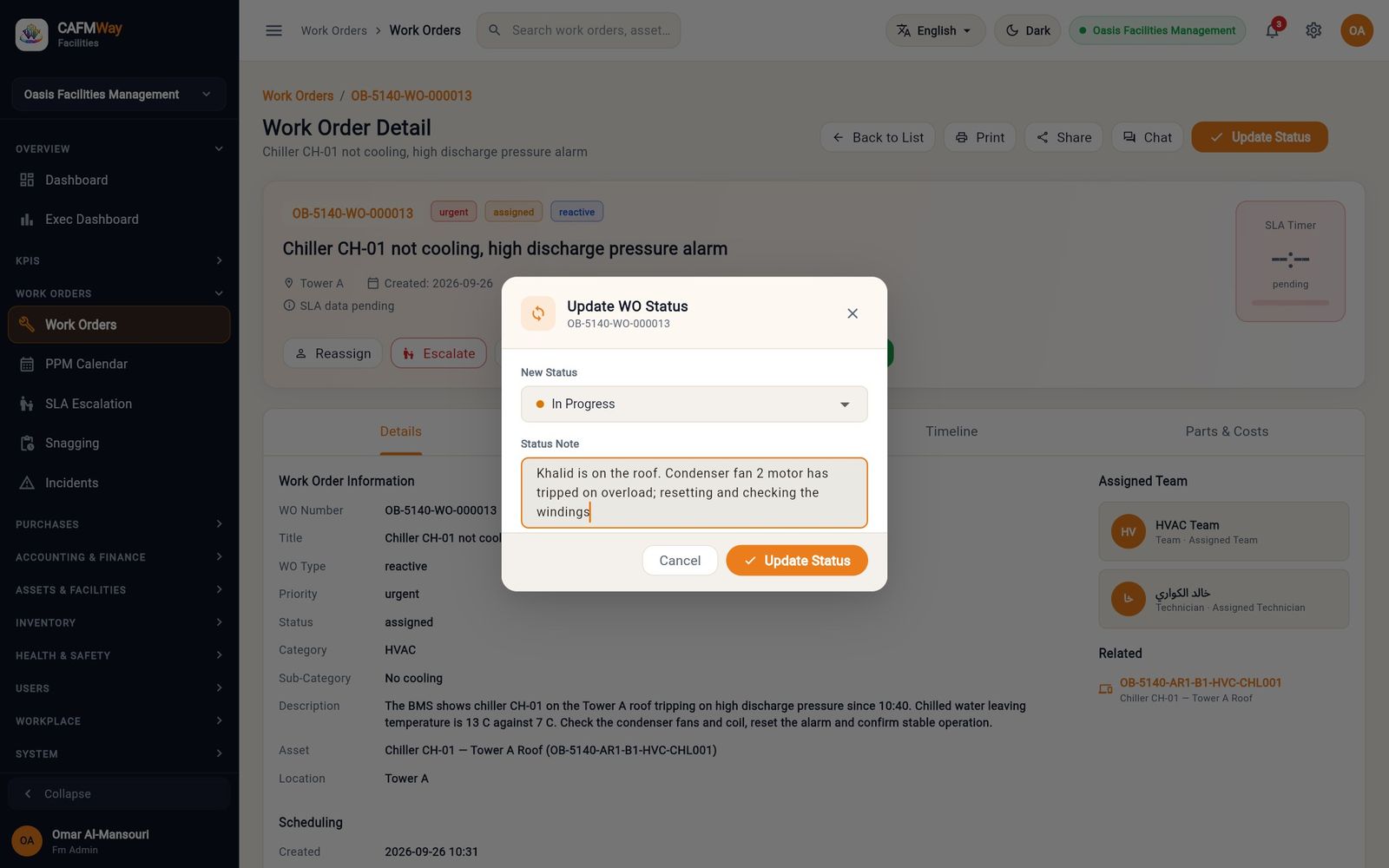 The Update WO Status dialog moving the chiller job to In Progress with a note from site.