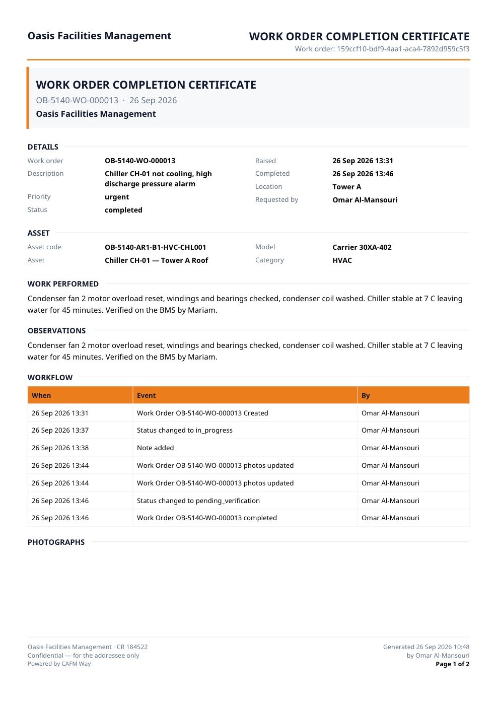 The completion certificate of OB-5140-WO-000013 with the work performed and the workflow.
