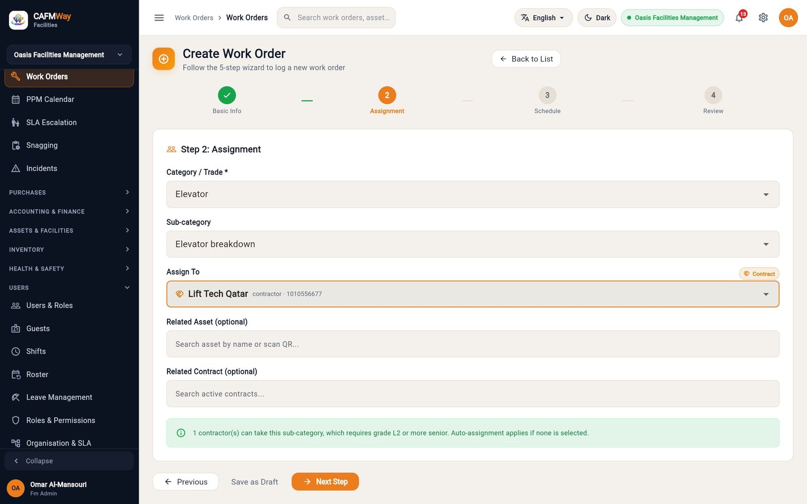 Step 2 for the lift: the Contract chip, with Lift Tech Qatar as the only choice.