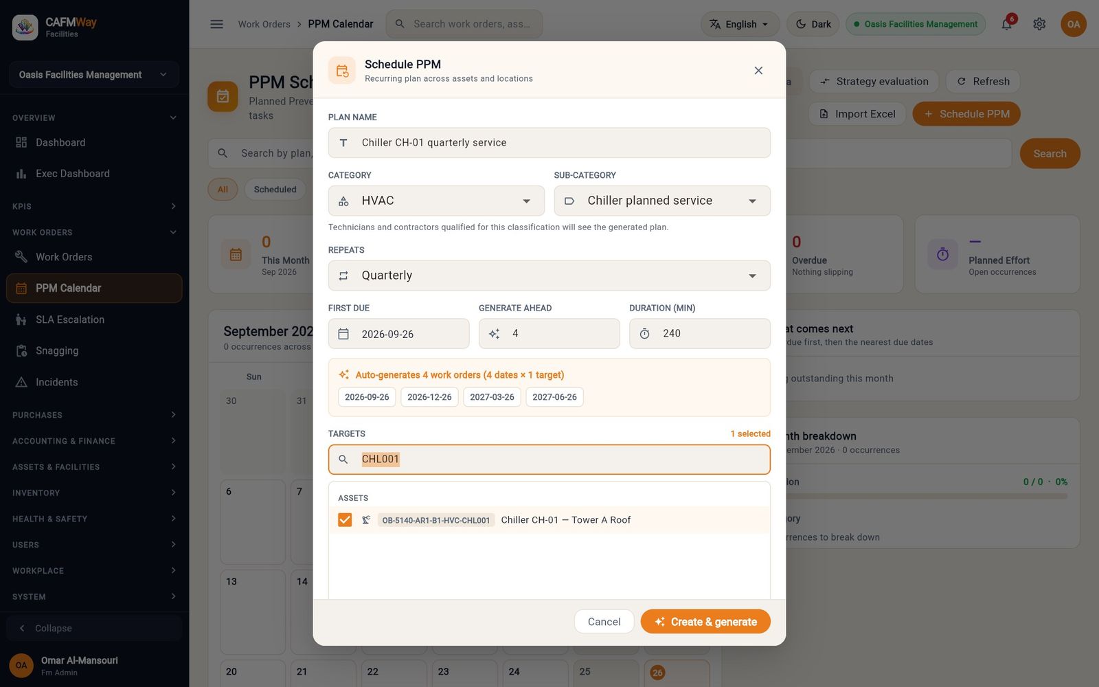 The Schedule PPM dialog for a quarterly chiller service with four dates and one target.