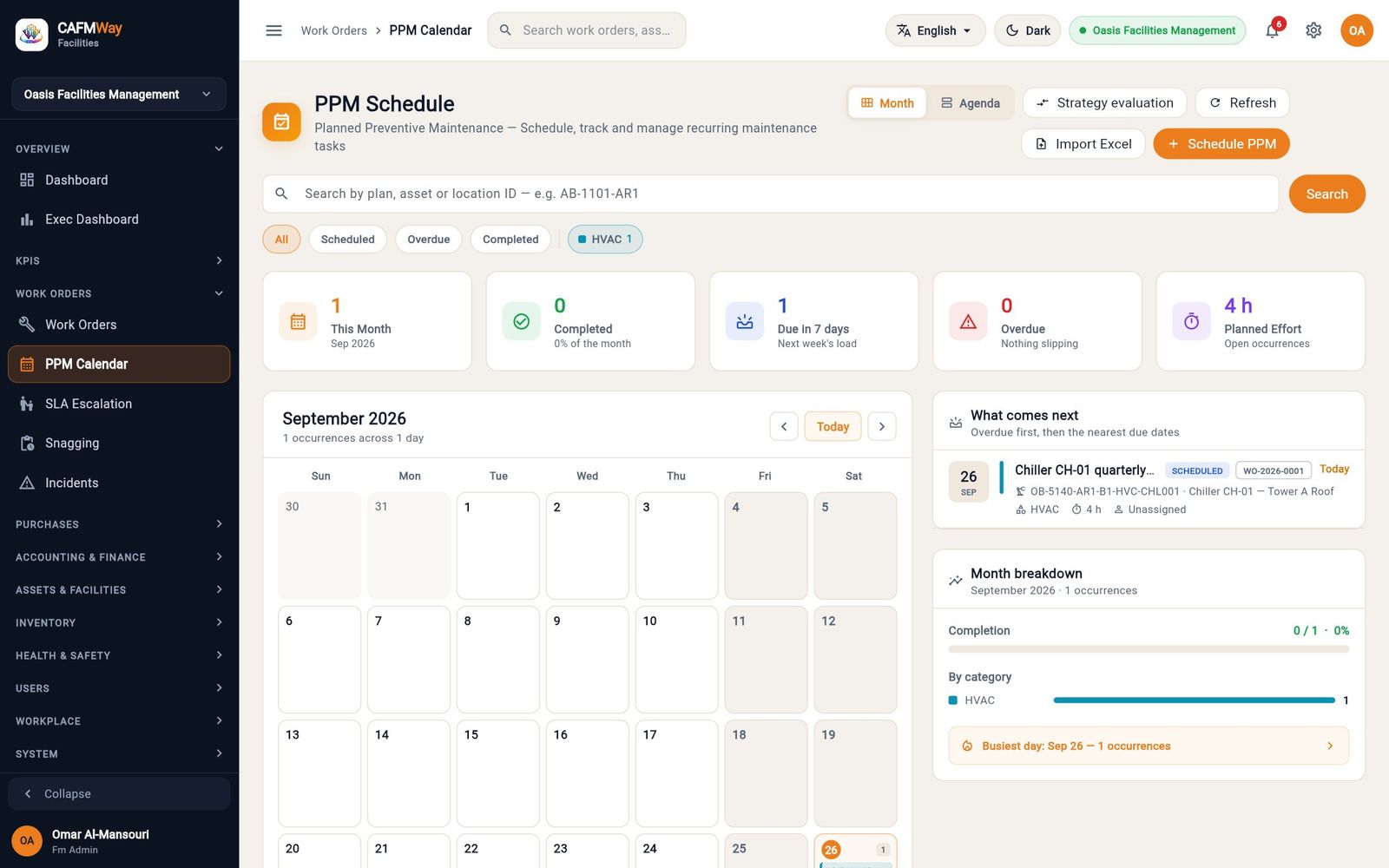 The PPM calendar for September with the first chiller visit on the 26th.