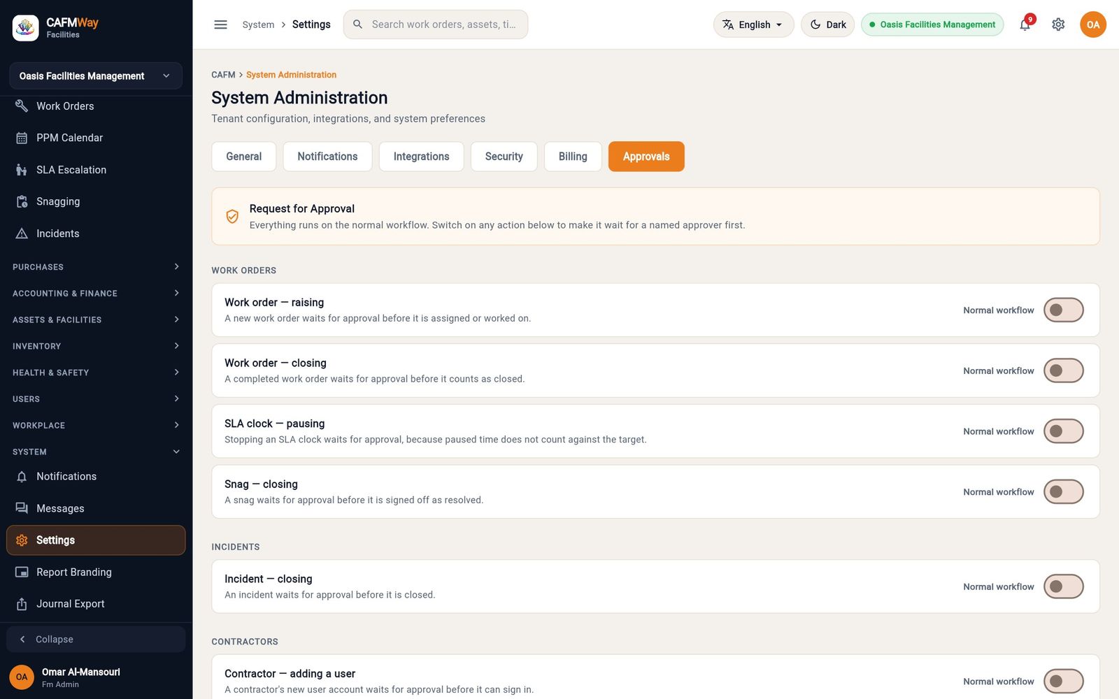 The Approvals tab of Settings with the work order rules.