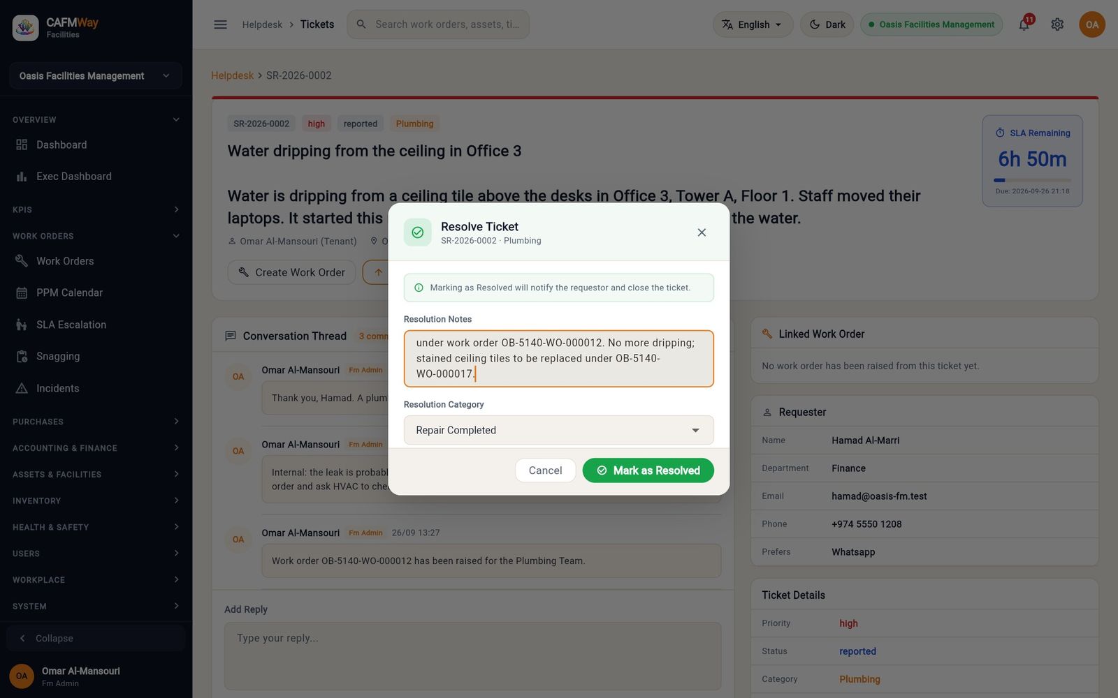 The Resolve Ticket dialog with the resolution notes for the Office 3 leak.