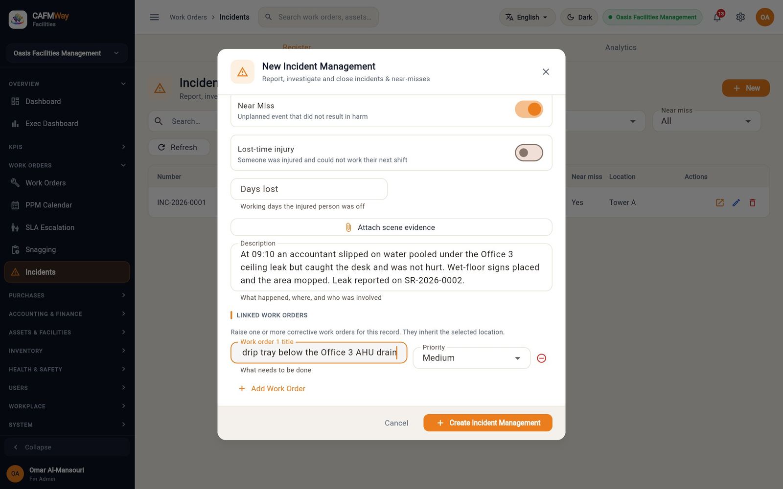 The new incident form with the near miss details and a linked corrective work order.