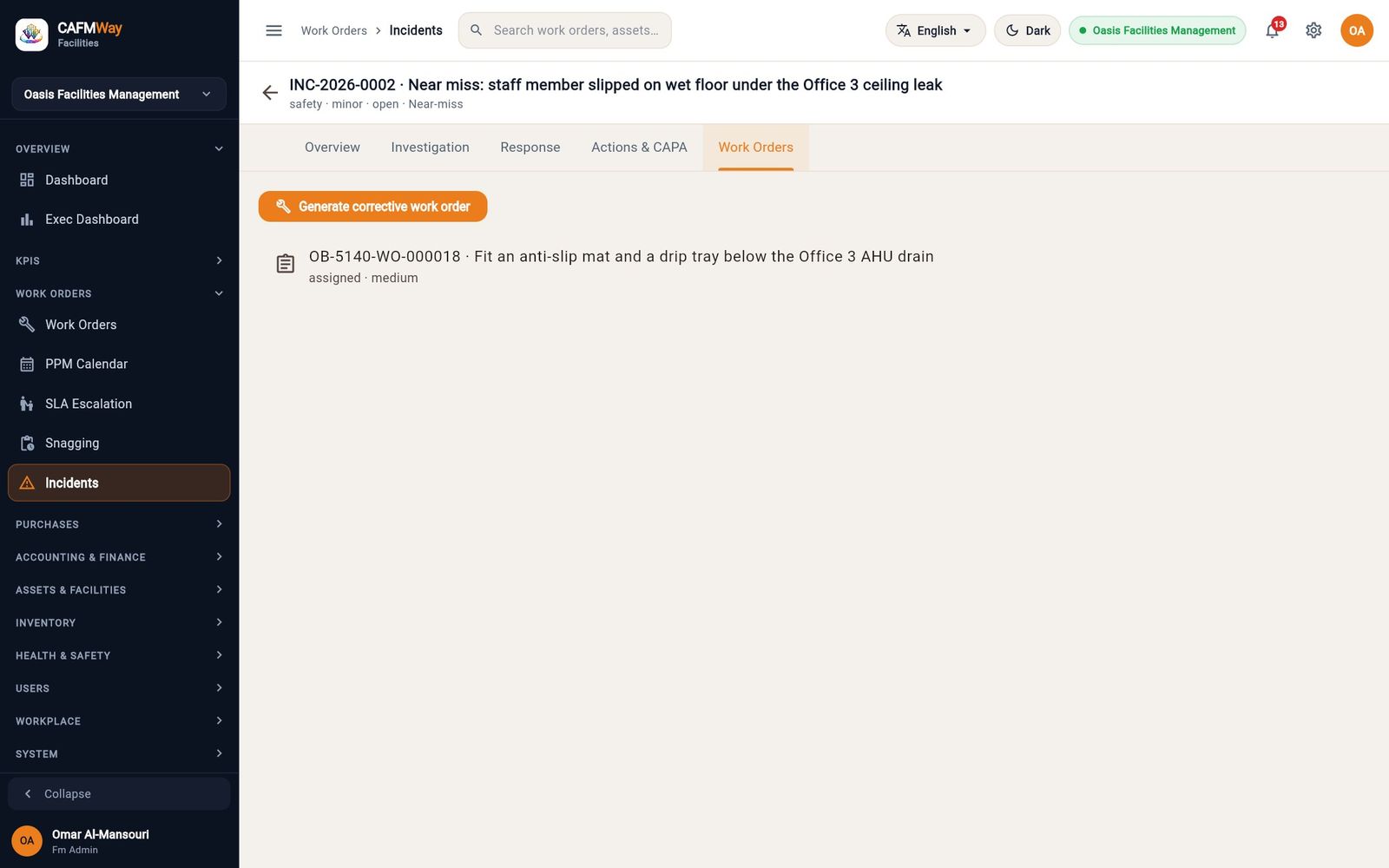 The Work Orders tab of the incident with its corrective work order.