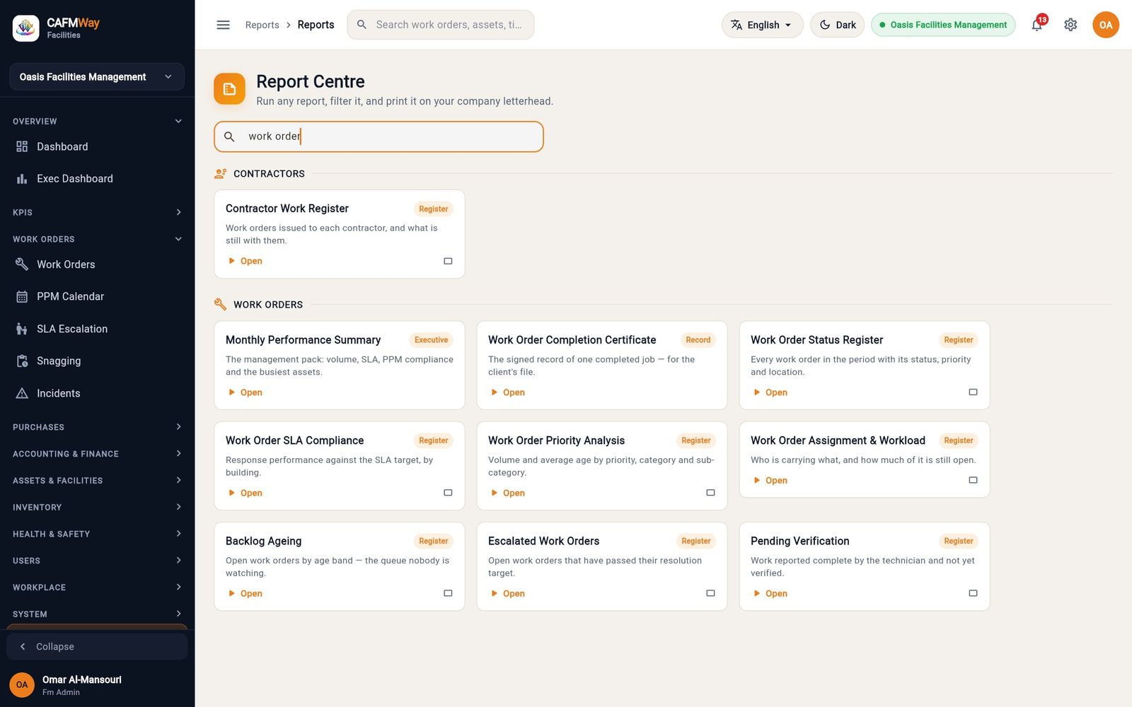 The work order reports in the Report Centre.