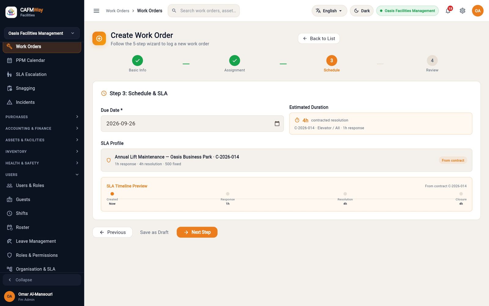 Step 3 with the lift contract's SLA: respond in 1 hour, resolve in 4 hours.