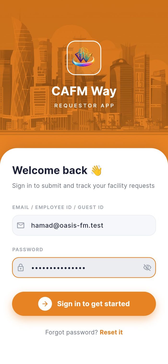 The sign-in form filled in with an email address