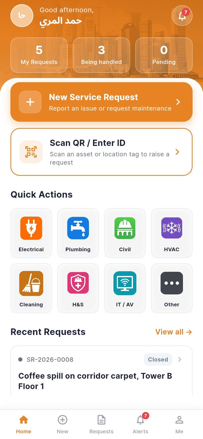 Home with counters, the two start cards and Quick Actions
