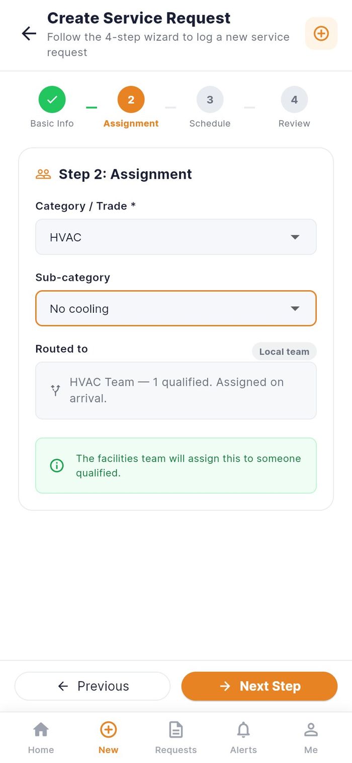 Step 2 routed to the HVAC Team with one qualified technician