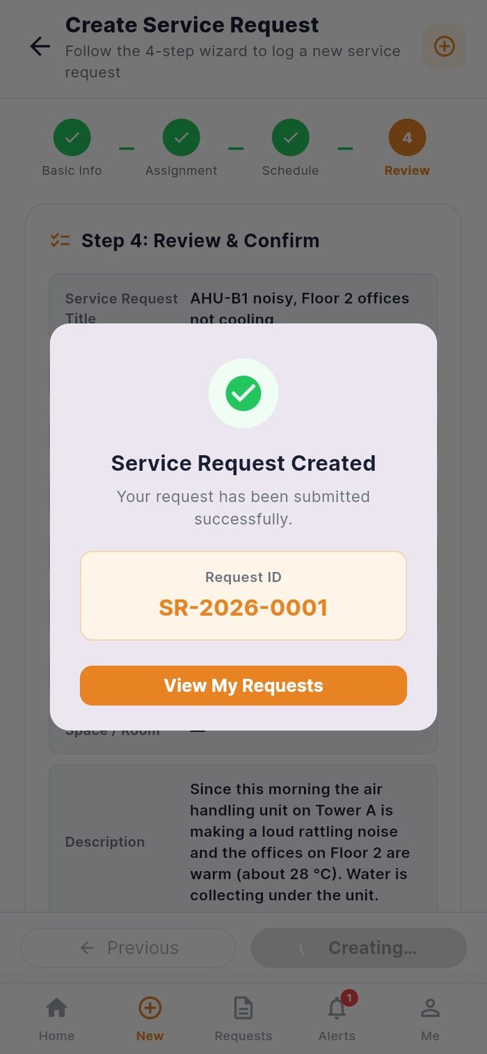 The Service Request Created dialog with the request number