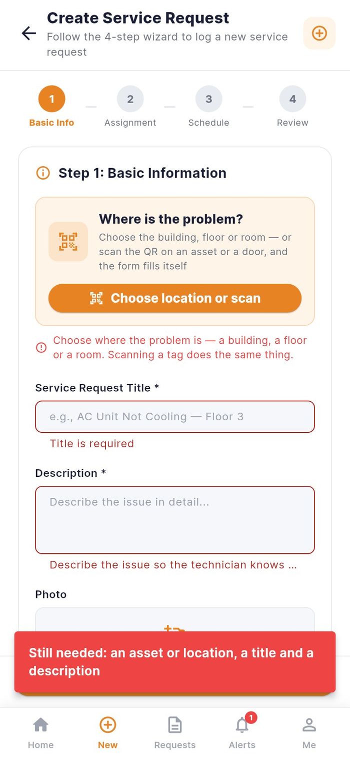 Step 1 with missing fields and the Still needed message