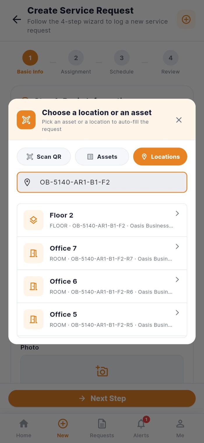 The Locations tab searched by code