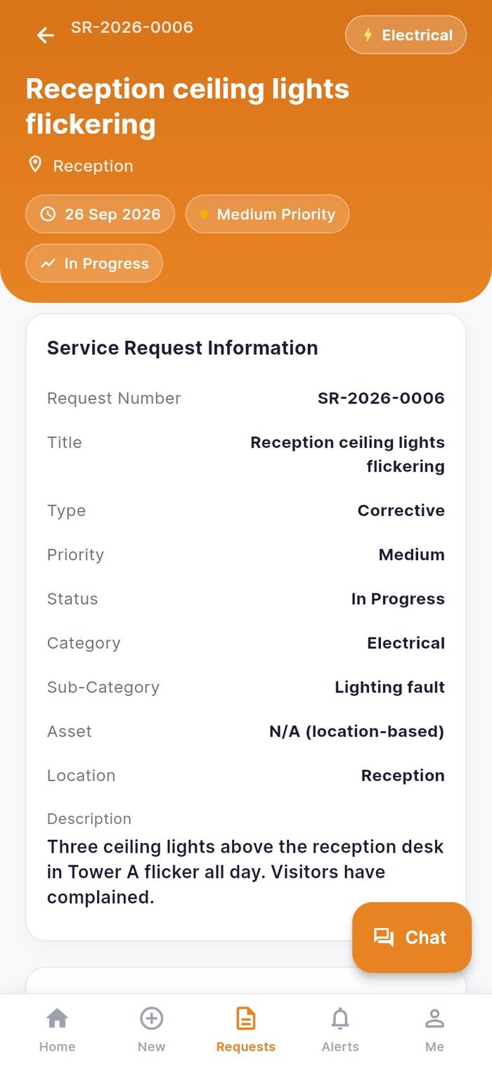 A request in progress, top of the detail screen