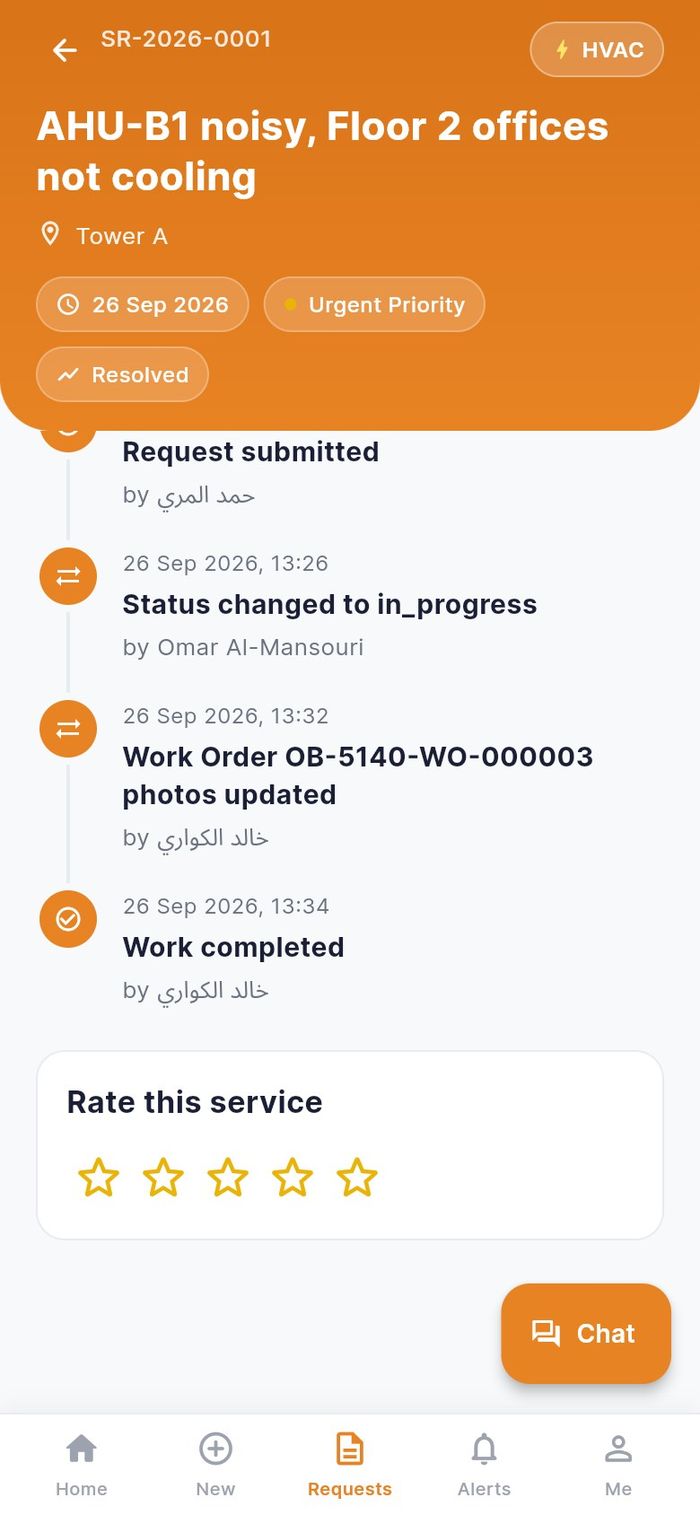 The Rate this service card on a resolved request