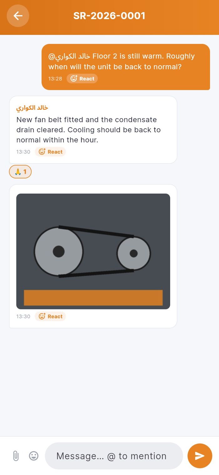 A conversation with the technician's reply, a photo and a reaction