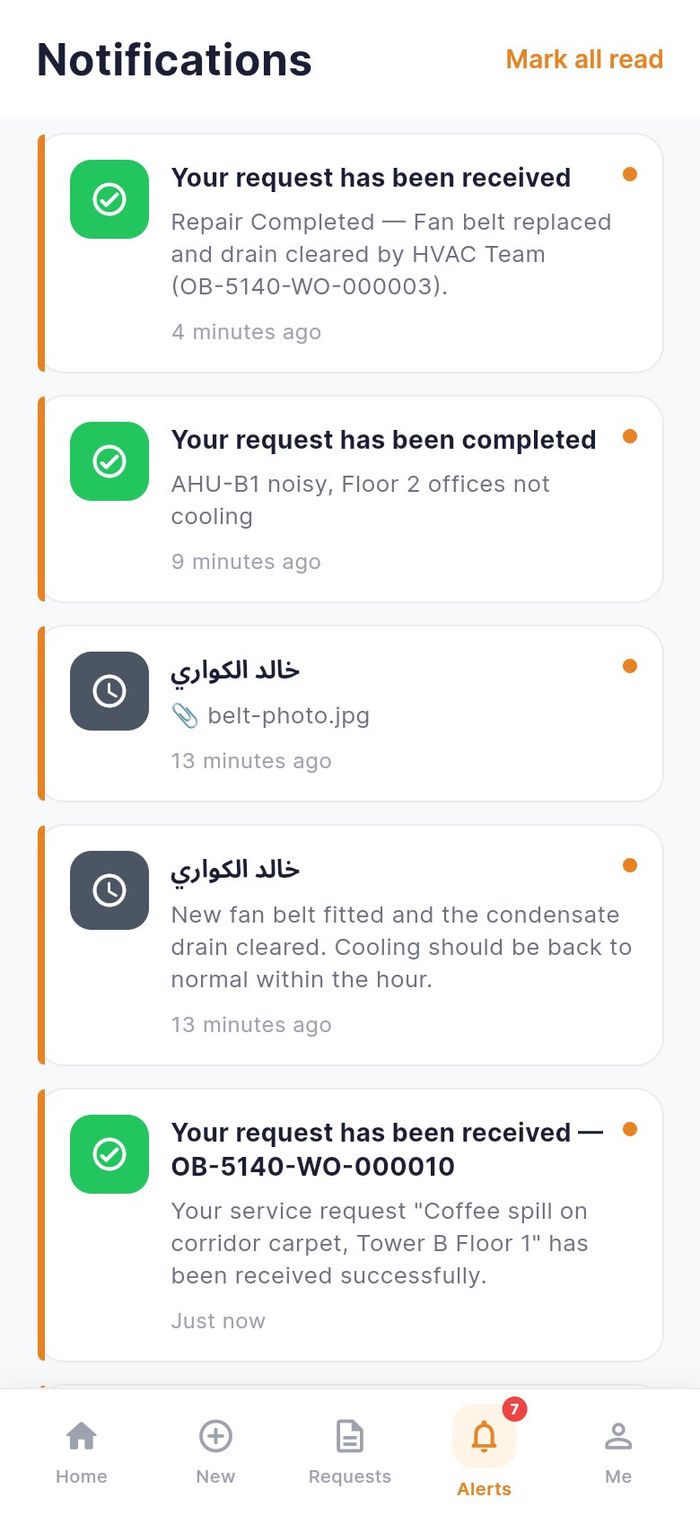 Alerts with chat messages and request updates