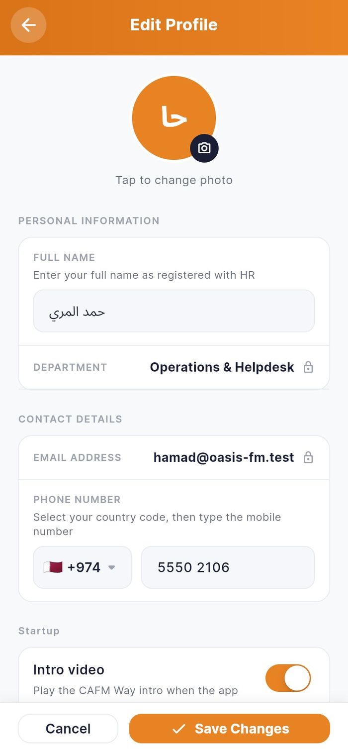 Edit Profile, personal and contact details