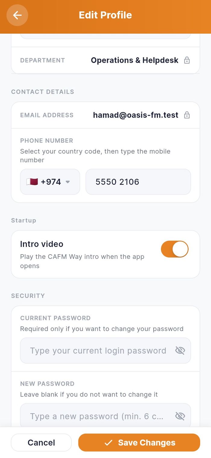 The Startup and Security sections of Edit Profile