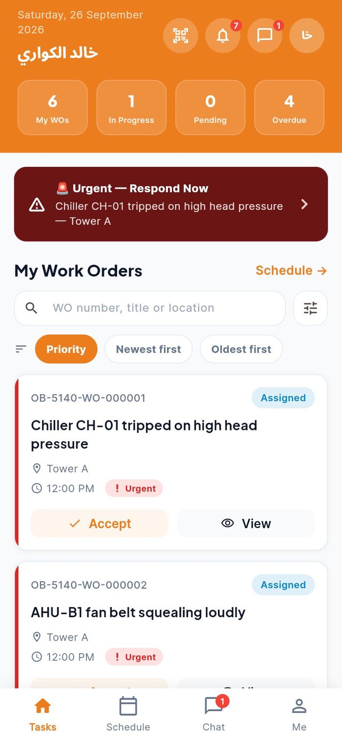 The Tasks home screen with the urgent banner, the four counters and the job cards