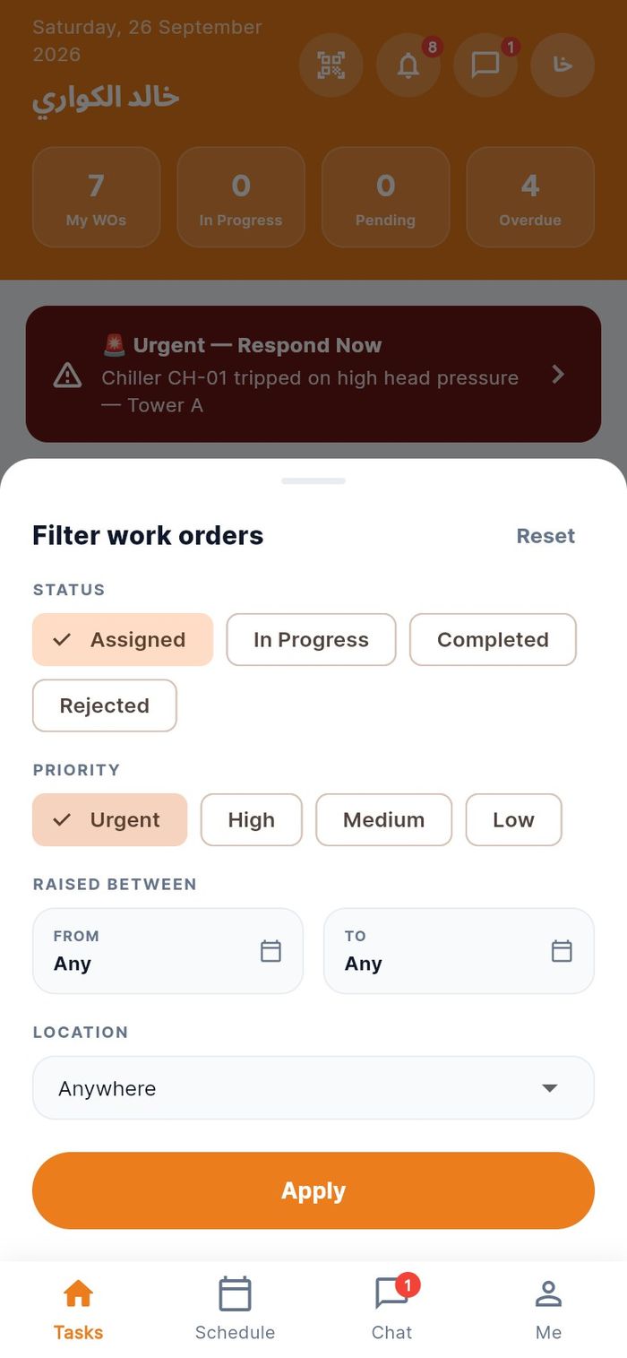 The filter sheet with Assigned and Urgent selected