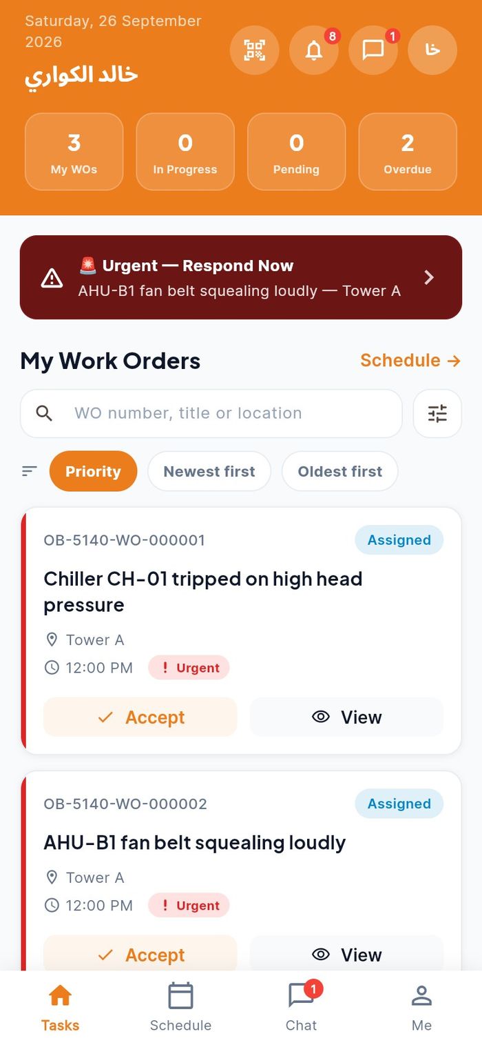 The list filtered to urgent jobs that are still assigned