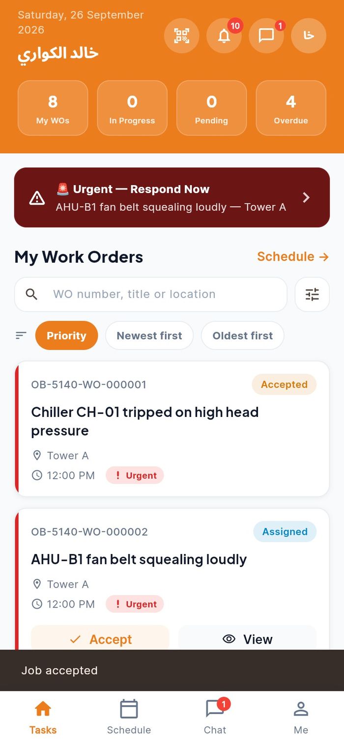 The chiller job after tapping Accept, with the Job accepted message
