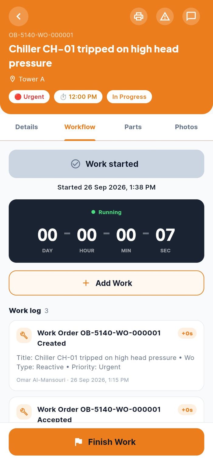 Work started: the timer is running and the status is In Progress