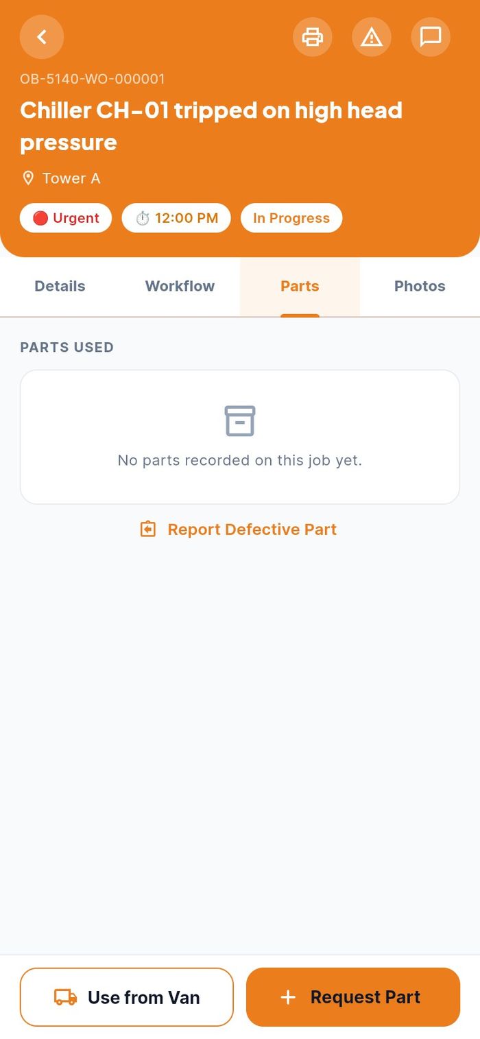 The Parts tab of a job with no parts yet
