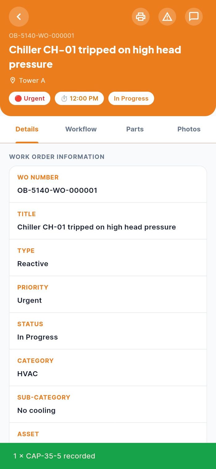 The confirmation after recording the part